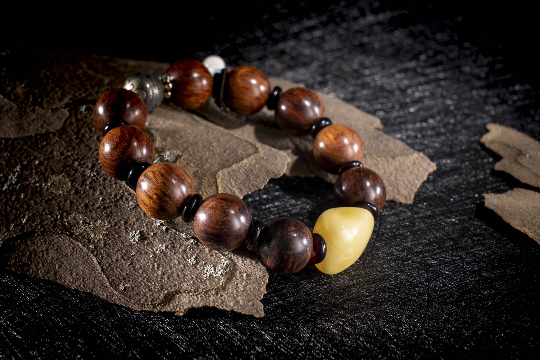 Image Bracelet argent, dalbergia, ambre, turquoise & ivoire